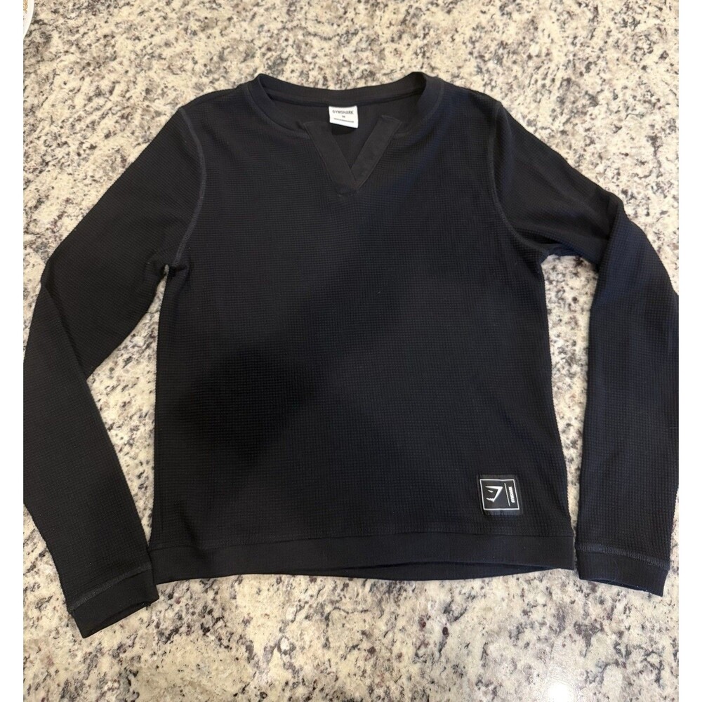 Gymshark T-Shirt Women's M Black Thermal Waffle Knit Workout Long Sleeve V Neck